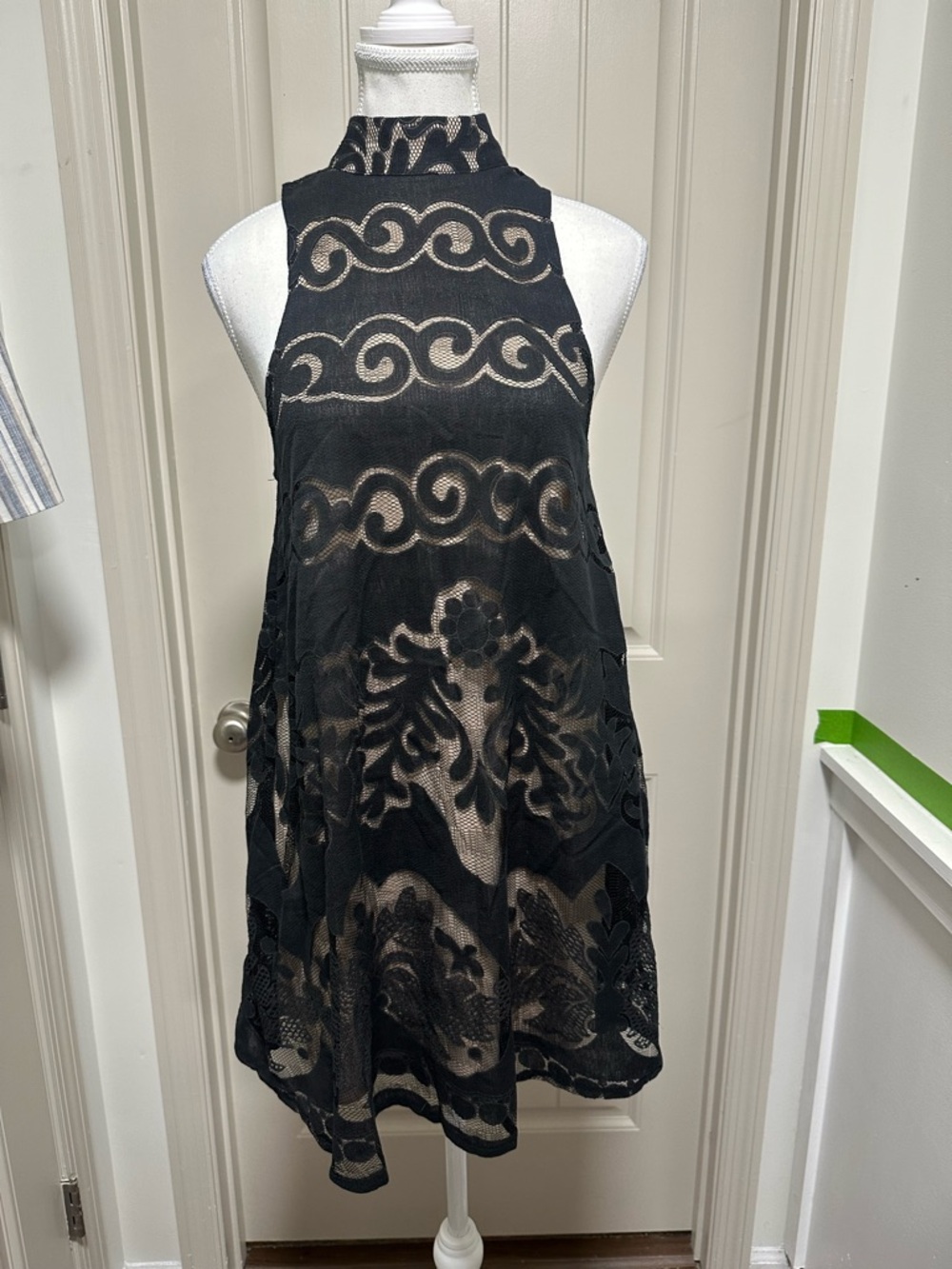 Tobi Black Lace High-Neck Mini Dress